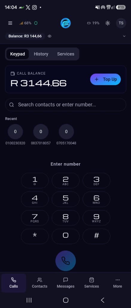 e-Mbizo Mobile SIP Softphone App (Dark Mode)